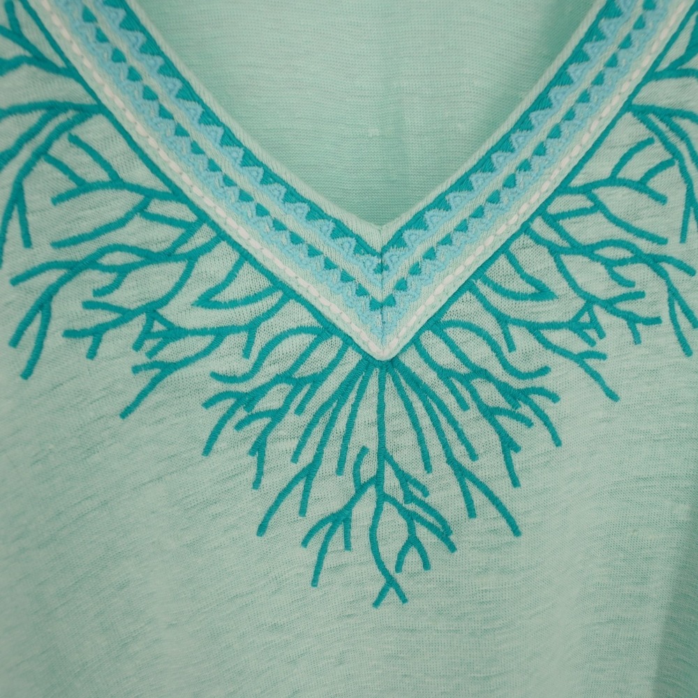 Chicos Linen Embroidered Tunic Top Womens XXL  (4) Green Beachy Coastal Stretch - Picture 2 of 11